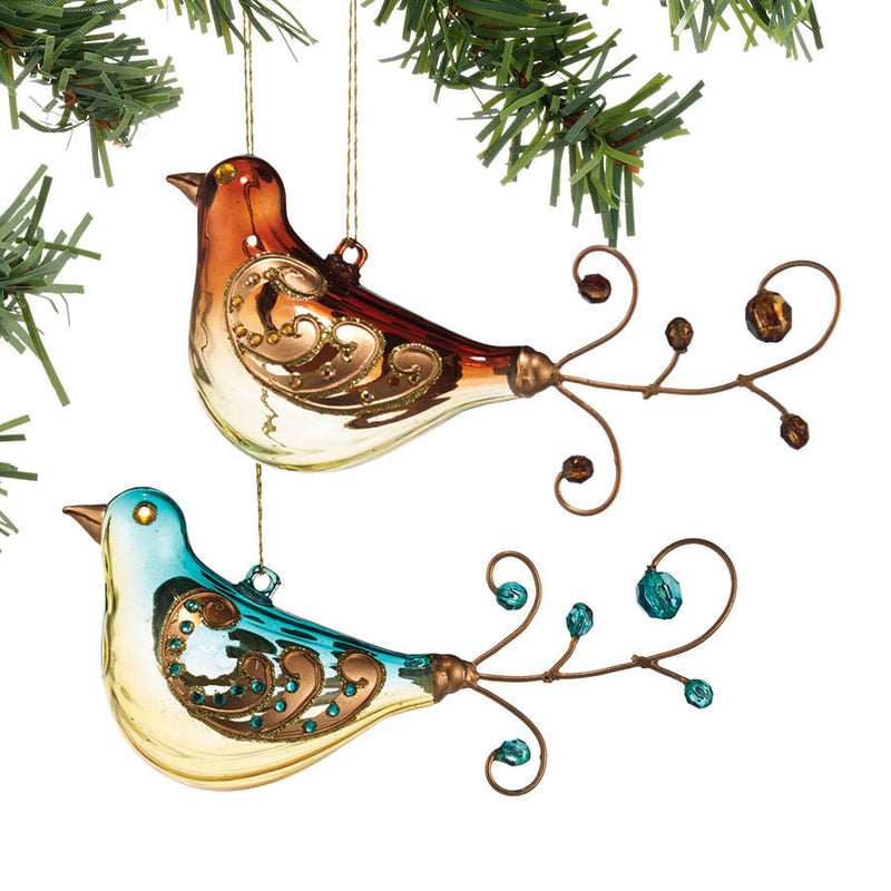 left side view of department 56 brown and blue jeweled glass with wire tails bird ornaments hanging from pine branches