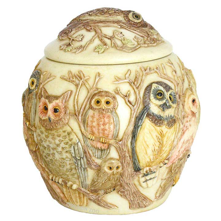 harmony ball kingdom wisdom of ages owl jardinia lidded jar showing horned owl, pygmy owl, boreal owl