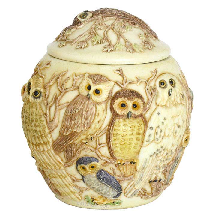 harmony ball kingdom wisdom of ages owl jardinia lidded jar showing eagle owl, pygmy owl, little owl, snowy owl