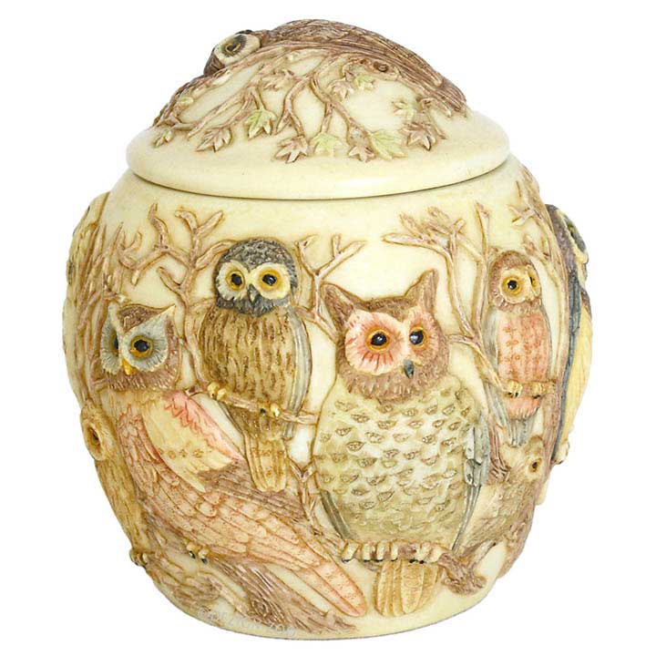 harmony ball kingdom wisdom of ages jardinia lidded jar showing 4 assorted owls