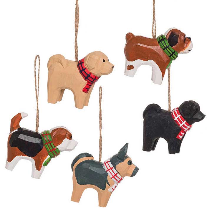 hand carved and painted wood dog ornaments - assorted breeds in plaid scarves; clockwise from top left: yellow lab, bulldog, black lab, german shepherd, beagle