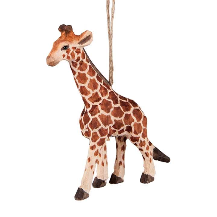 hand carved and realistic painted cream and brown colored giraffe ornament with jute hanger - left side view