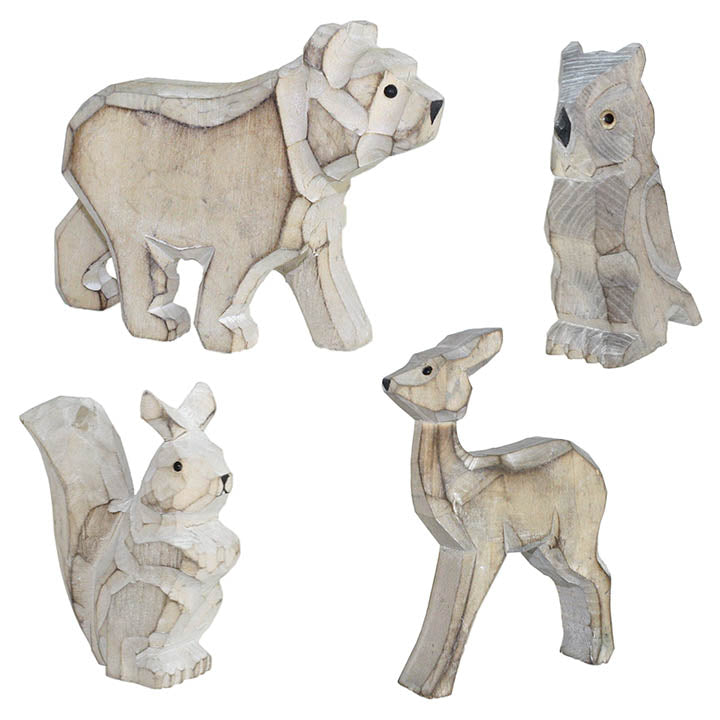 bear owl squirrel and deer carved wood wildlife figurines