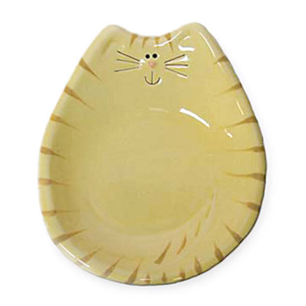 handmade glazed ceramic yellow tiger tabby cat with pink nose feeding bowl treat dish