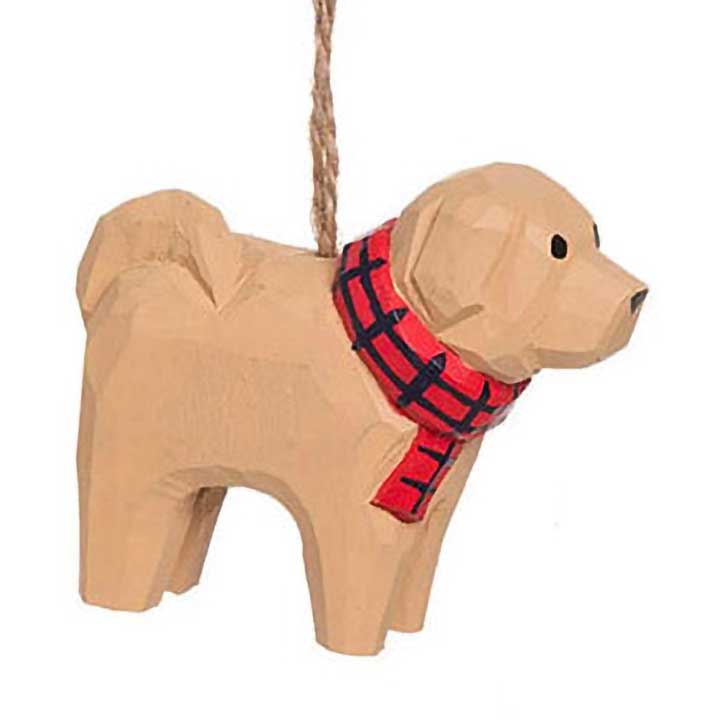 hand carved and painted wood yellow labrador dog in red plaid scarf ornament