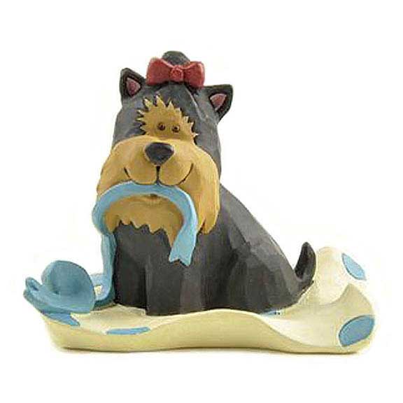 blossom bucket dog figurine - yorkshire terrier with red bow on head sitting on blue spotted blanket with blue ribbon in its mouth