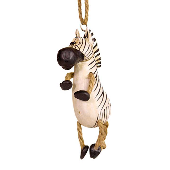 bert anderson handpainted resin zebra with jute legs hanging ornament - front, left side view