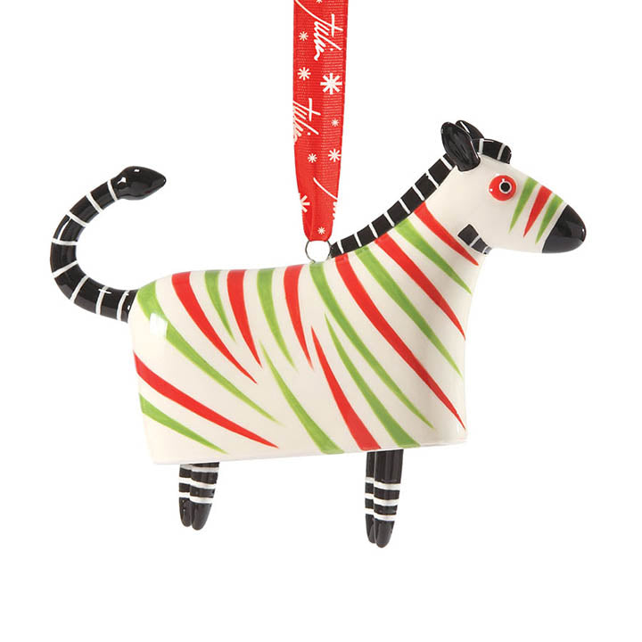 department 56 animalz collection porcelain zebra bell ornament with red and white snowflake design ribbon
